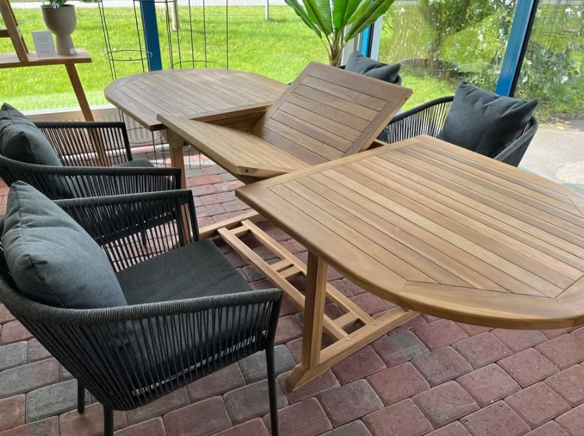 KOMPLETTSET Gartentisch Teak massiv ausziehbar